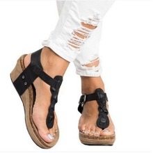 Ebay18年夏季新款外贸坡跟高跟厚底搭扣夹趾女士大码凉鞋40-43码