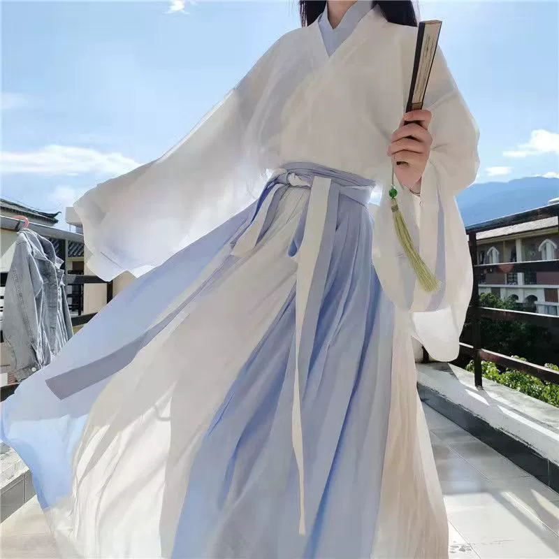 Весна и лето, посвященные ханьфу в стиле Вэй и Цзинь, Женская цельная юбка до талии, старинный костюм студенческой пары, супер фея в старинном стиле ханьфу