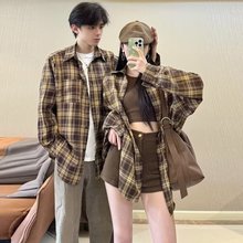 港风复古格子长袖衬衫男装2025春夏新款设计感小众休闲衬衣男爆款