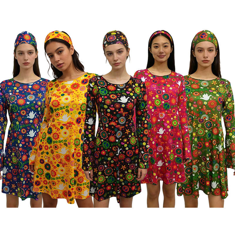70S Hippie Disco Costume Festival Dress Halloween Cosplay Outfit Headscarf Printed Dress Two-Piece Set 70S Hippie Disco Costume Festival Dress Halloween Cosplay Outfit Headscarf Printed Dress Two-Piece Set