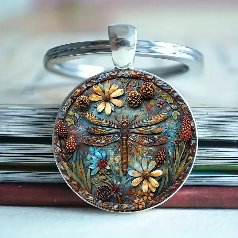 Vintage Ethnic Style Dragonfly Element Round Glass Alloy Keychain Pendant Personalized Car Backpack Accessory