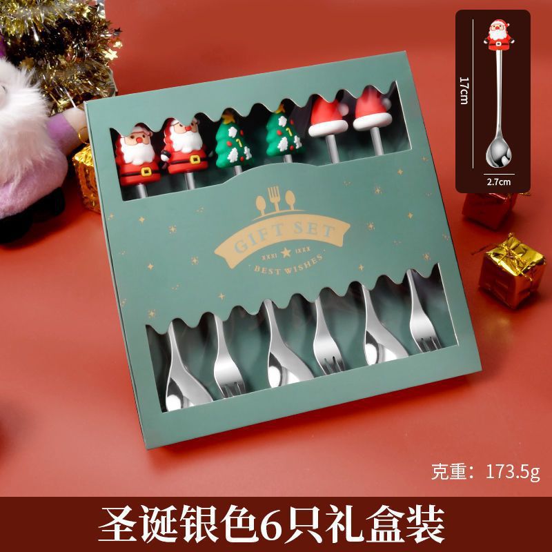 Navidad niñas tenedor de postre conjunto de dibujos animados cuchara de comida árbol caja de regalo de acero inoxidable cuchara de regalo creativa para ancianos