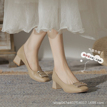 金富莉G500-12 女鞋2024新款英伦风中跟单鞋百搭真皮粗跟乐福鞋女