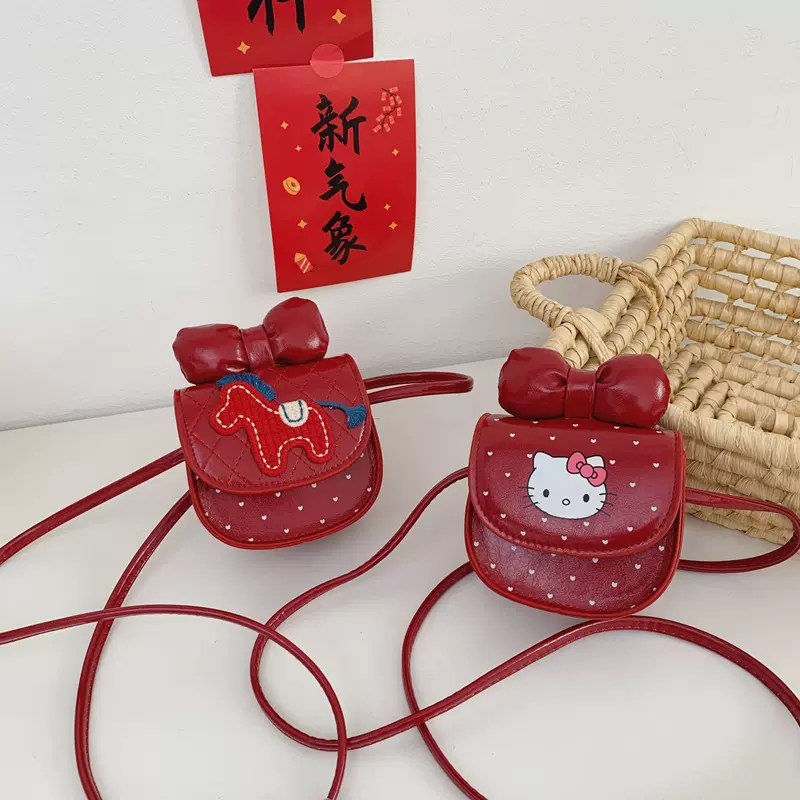 红色马年包ins风韩系格纹儿童单肩包蝴蝶结迷你马鞍包女童斜挎包