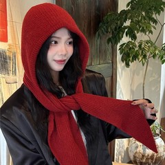 2025秋冬季新款纯色针织帽子女披肩一体两用外搭加厚保暖护颈围脖