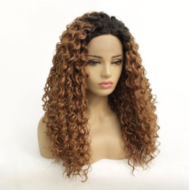 Pelucas europeas y americanas T marrón pequeño cabello rizado fibra química delante encaje mitad mano cubierta de gancho largo cabello rizado LW0107