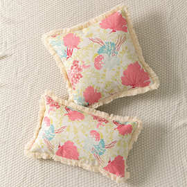 欧美风格四周流苏花边装饰树木叶子印花抱枕套沙发靠垫套