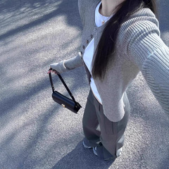 灰色の優しい風の甘い長袖の単列のニットのカーディガンのコートの女性の早春の修身はやせている短いタイプの底の上着を現します。
