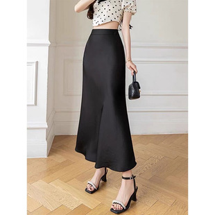 2025 High-End Acetate Satin Hip-Hugging Fishtail Skirt to Cover the Flesh and Look Slimming Look Long Skirt for Women with Draped A-Line Silky Skirt