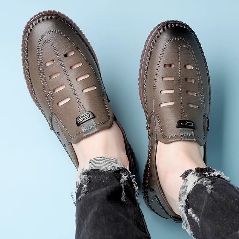 Giày sandal nam da lười khoét lỗ đế bằng chống trượt thoáng khí — Màu kaki, màu đen