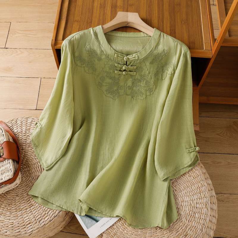Mom's Clothing, Age-Reducing Spring and Summer New Style Loose-Fitting Shirts for Women, Elegant Half-Sleeved Cotton and Linen Tops with Embroidered Buttons Mom's Clothing, Age-Reducing Spring and Summer New Style Loose-Fitting Shirts for Women, Elegant Half-Sleeved Cotton and Linen Tops with Embroidered Buttons