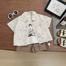 夏季男宝宝纯棉衬衫帅气小童洋气印花休闲衬衣婴幼儿时髦短袖上衣