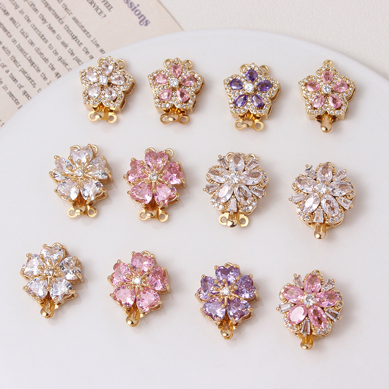 Color retaining micro inlaid zircon peach blossom five-petal flower single row double row pin buckle diy pearl bracelet connecting buckle accessories