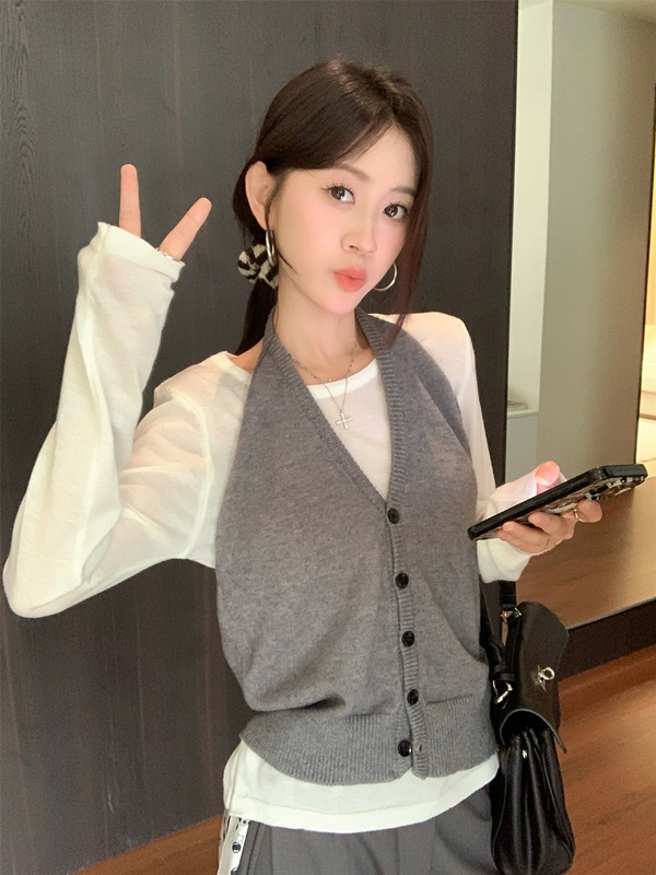 韩系穿搭灰色针织衫挂脖吊带水洗工装休闲裤女2025秋季新款套装潮|undefined