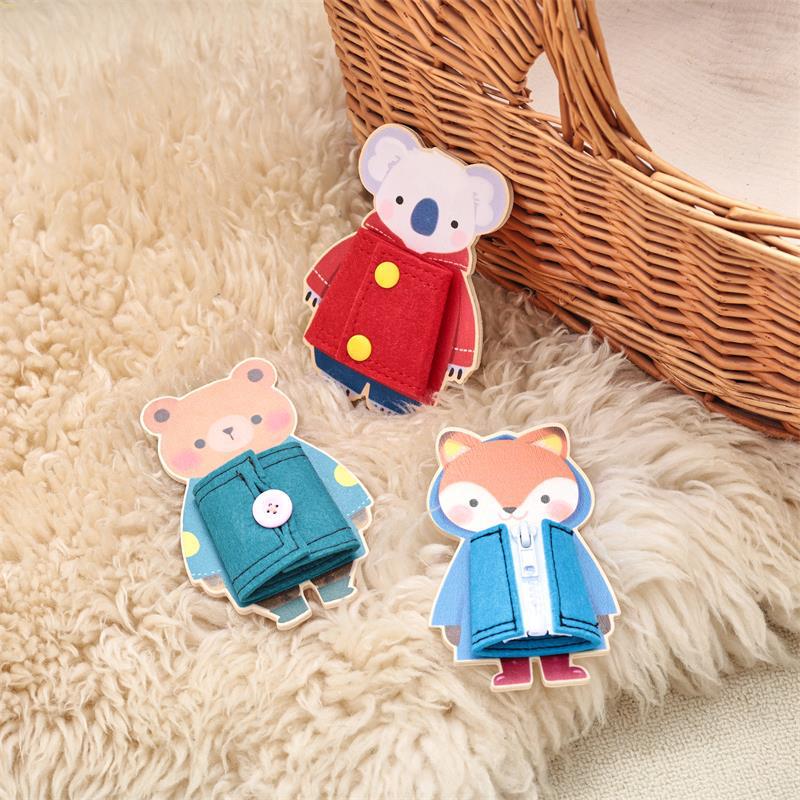 Cerebro manual puzzle animal pieza de madera vestir ropa ocupada placa botón cremallera cognitiva aprendizaje cognitivo animal juguete