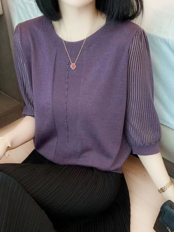女性用ラウンドネック七分袖ビーズセーター、夏の新しいハイエンドスタイルのTシャツ、ゆったりとした肉感のある薄手のトップス|undefined