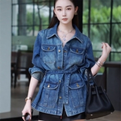 欧洲站设计感秋季经典复古水洗艺时尚休闲腰长袖牛仔外套女潮