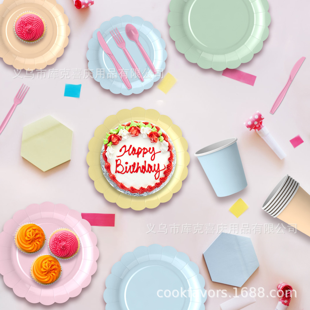 Nuevo macarón de encaje de color fiesta bandeja de papel de cumpleaños de color sólido bandeja de papel desechable tazas de papel toallas de papel set de cubiertos