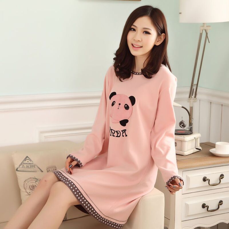 Korean Style Nightgown for Women Spring and Autumn Cotton Long-Sleeved Student Pajamas for Pregnant Women Loose Thin Home Clothes Mid-Skirt Winter