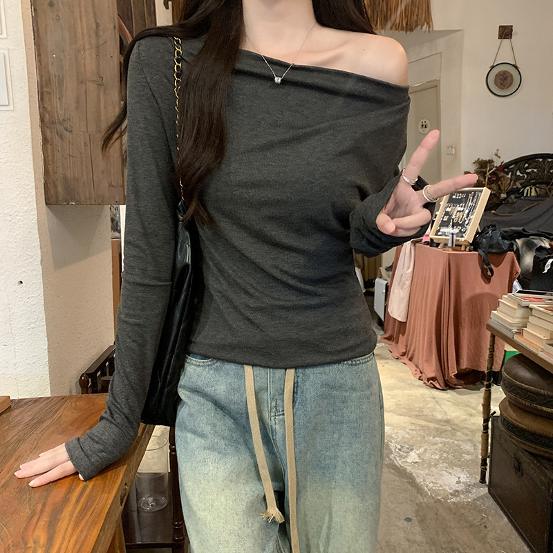 露肩修身抽褶长袖T恤女早秋新款修身显瘦内搭不规则斜肩上衣冬季|undefined