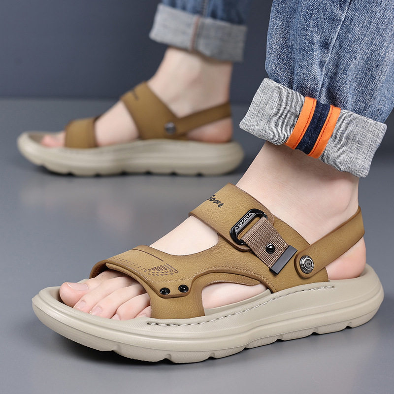 Dép sandal nam da thật đế xốp nhẹ thủ công, gót 3,5 cm, thoáng khí chống trượt — màu vàng