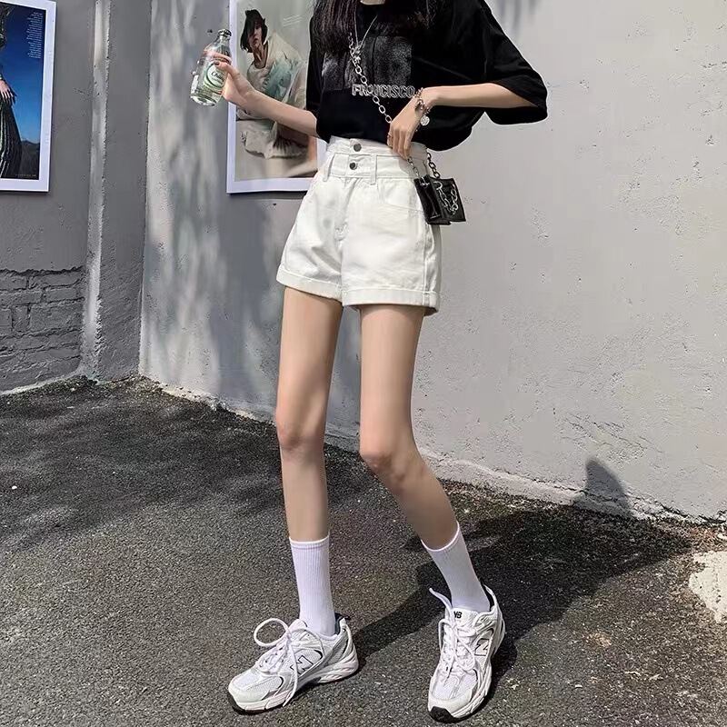 2025 New Summer Style Super High-Waisted White Denim Shorts for Women Summer Curled Wide-Leg A-Line Hot Pants