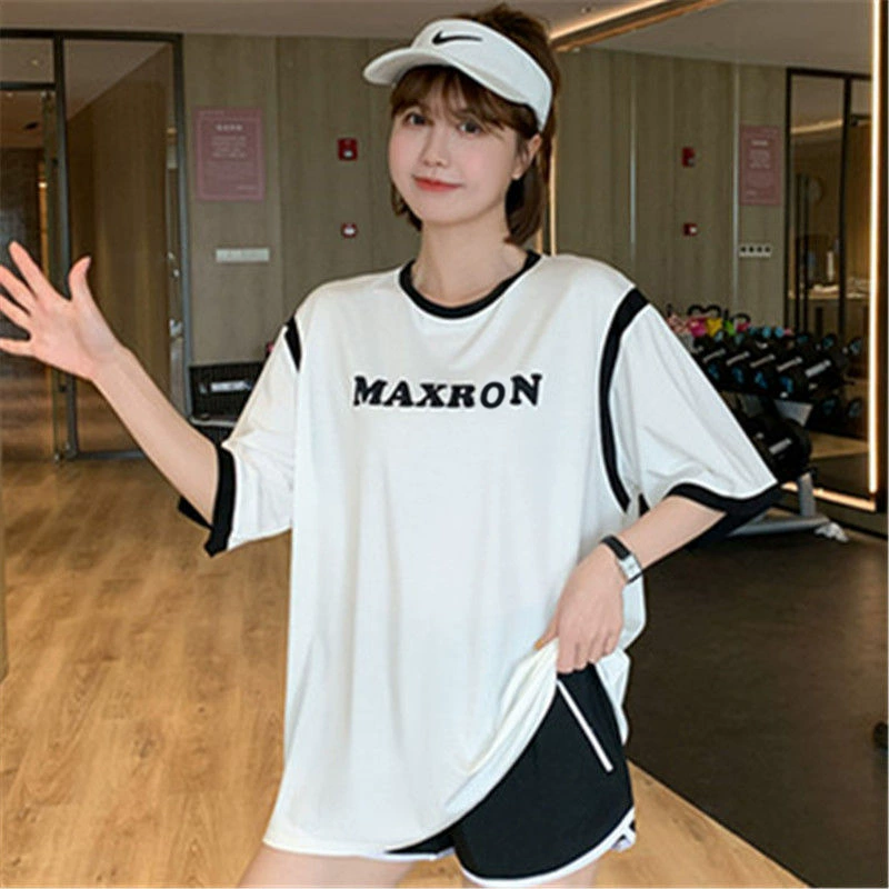 Одежда для йоги Свободный спортивный пухлый топ для девочек Легкий дышащий Бег Похудение Короткие рукава Шить Футболка Блузка Одежда для фитнеса