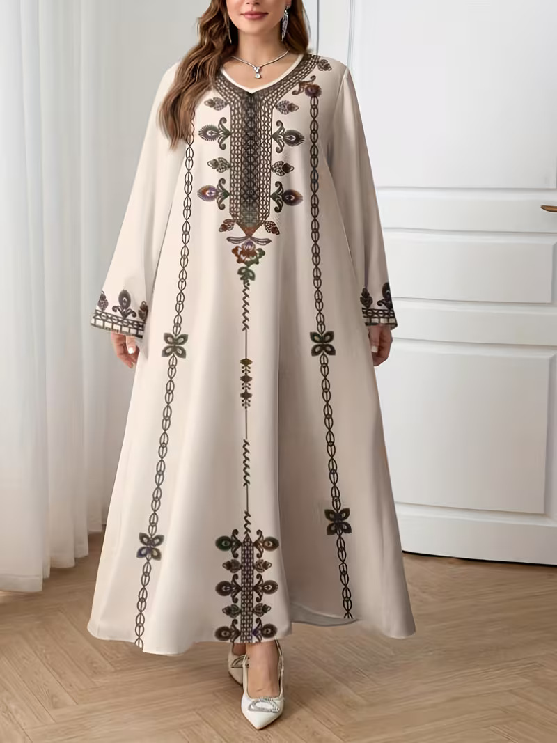 Middle Eastern Cross-border Muslim Women's V-neck Printed Loose Elegant Robe Ethnic Style Long-sleeved Dress Custom-made_ecoleips.com