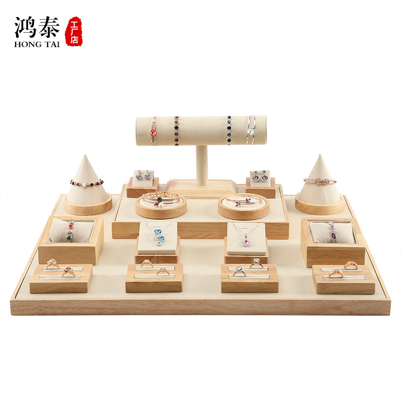 High-end solid wood and bamboo velvet necklace jewelry display and display stand set jade showcase decorative display rack and tray