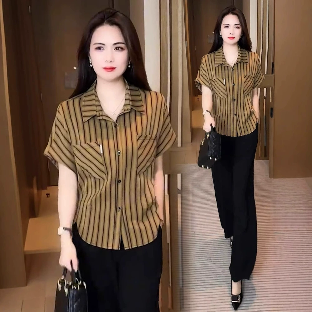 Модная полосатая рубашка с коротким рукавом для женщин, лето 2025, новая стильная свободная утягивающая миниатюрная универсальная повседневная рубашка