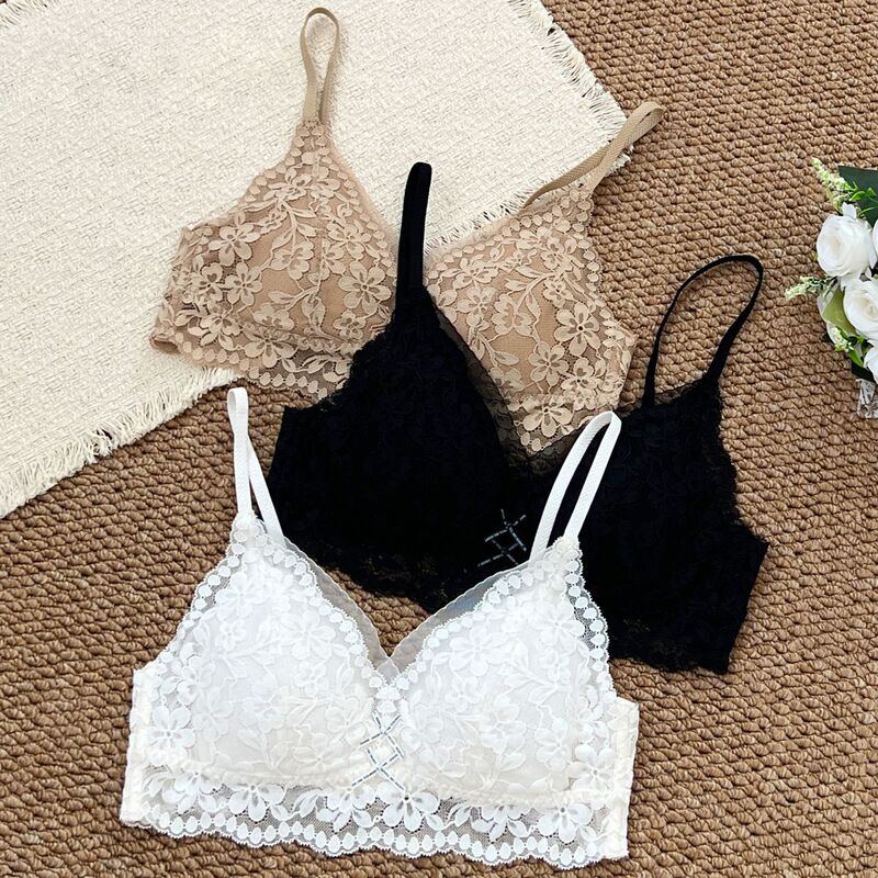 Sexy Pure Desire Lace Deep V-Neck Suspender Bra for Women, Thin Triangle Cup, Small Chest Gathering, Fixed Breathable Bra