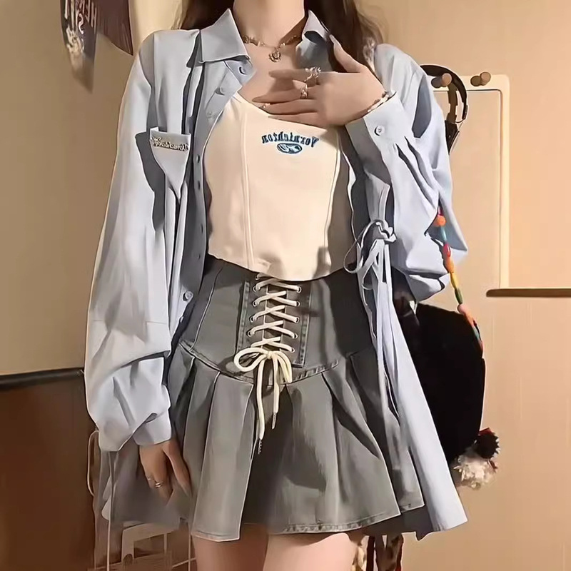 Blue Shirt Women's 2024 New Strap Design Sense Niche French Long Sleeve Shirt Spring and Autumn Hong Kong Flavor Chic Top