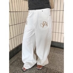 美式覆古倒装字母刺绣休闲裤男女宽松百搭直筒阔腿拖地长裤
