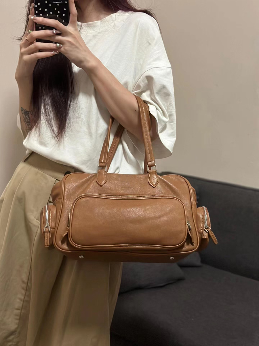 Bolso tote de bolos retro de piel de vaca curtida con plantas Bolso de hombro de cuero Bolso de axila Bolso de locomotora Bolso de almohada Boston