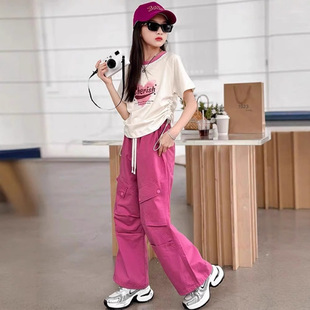 New Style Summer Outfit Set for Girls 2025 Trendy Fashionable Summer Short-Sleeve Big Kids Casual Cargo Pants
