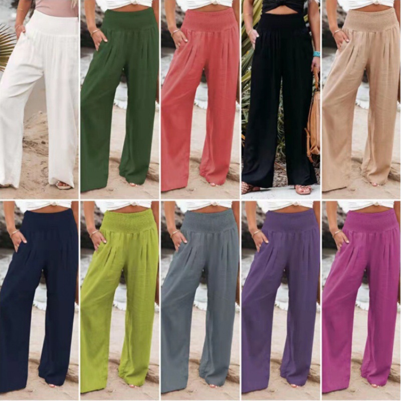 In Stock! 2022 European and American Spring/Summer Aliexpress Amazon Casual Wide-Leg Cotton and Linen Popular Loose Long Pants for Women