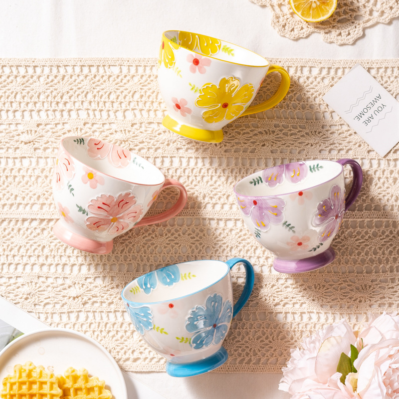 Japanese Hand-painted Breakfast Mug Vintage Relief Milk Cup Oatmeal Cup Creative Water Cup Large Capacity Personalized Ceramic Cup