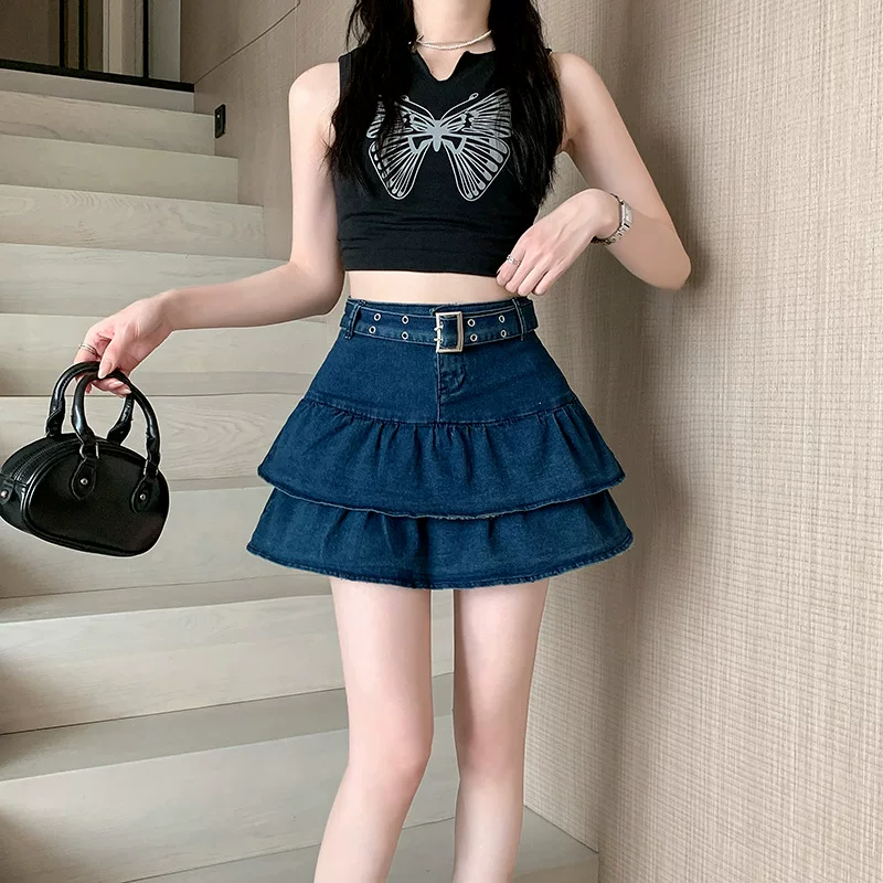 Summer denim skirt, fitted trousers, A-line, high waist