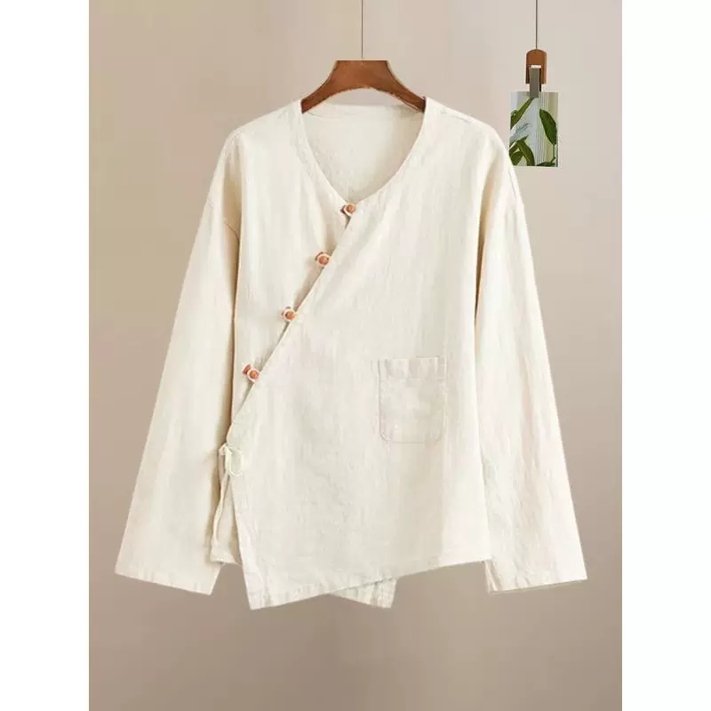 女装禅修服春秋新款禅意佛系长袖素衣中式斜襟棉麻新中式休闲衬衫