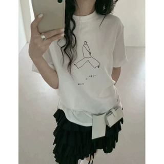 官图21支纯棉-210克100%棉 2026年夏装新款圆领短袖T恤女韩版印花