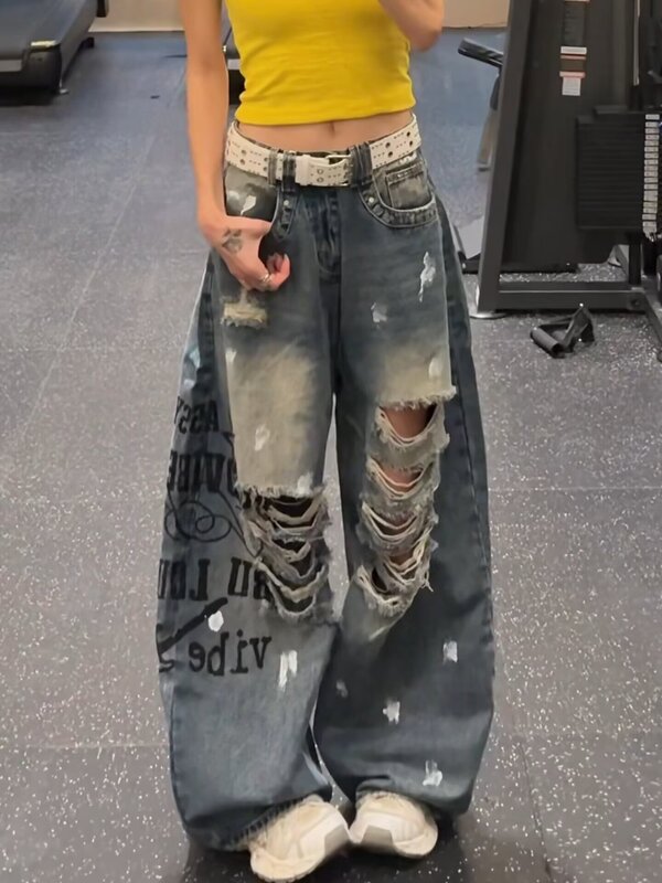 BeerBro celebrity-style punk ripped and splattered ink print distressed loose-fitting slimming wide-leg jeans BeerBro celebrity-style punk ripped and splattered ink print distressed loose-fitting slimming wide-leg jeans