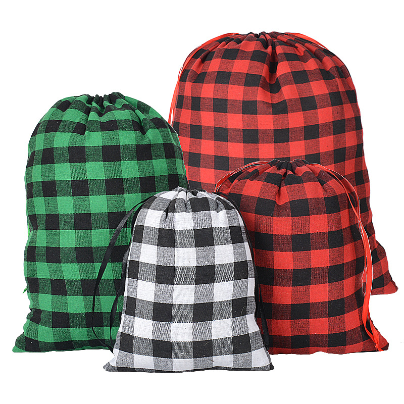 新款热销格子棉布束口袋圣诞节儿童装饰糖果大布袋棉麻格纹礼品袋