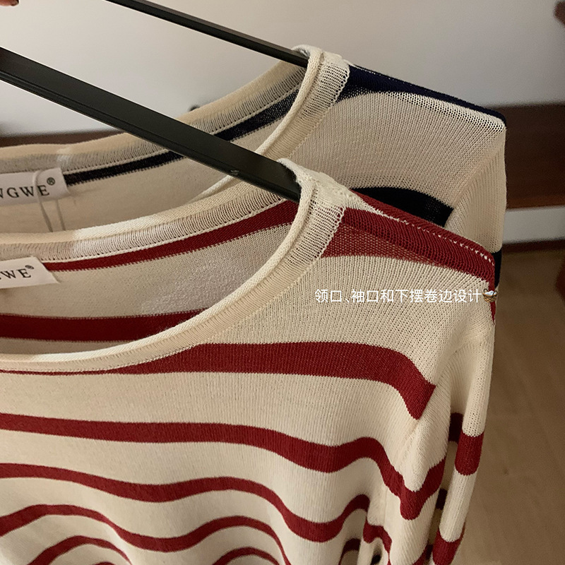 WGWE6984韩系撞色条纹斜肩罩衫休闲宽松显瘦防晒长袖上衣|undefined