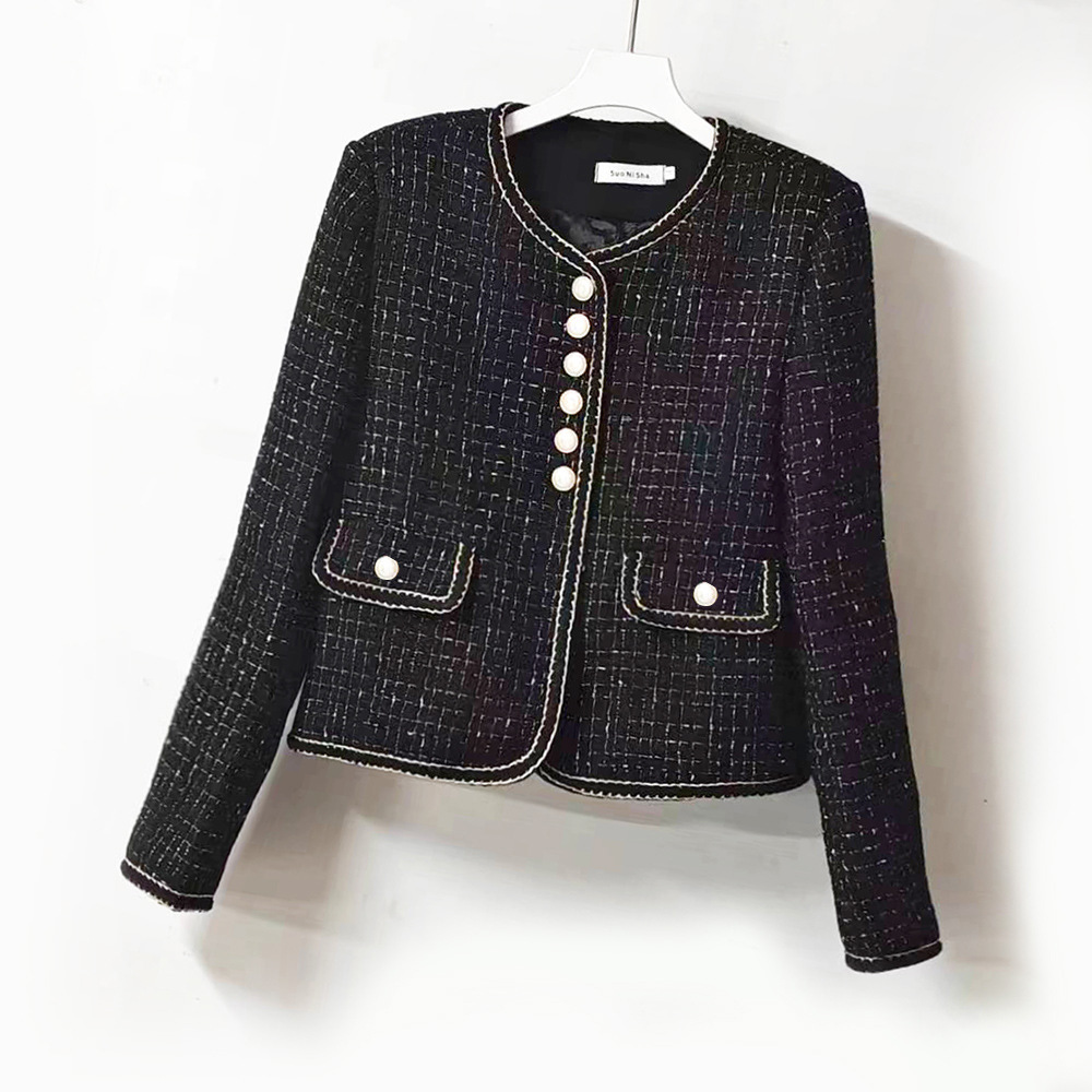 2025 New Korean Style Short Jacket for Women, Spring and Autumn Round Neck Tweed Woven Woolen Blazer