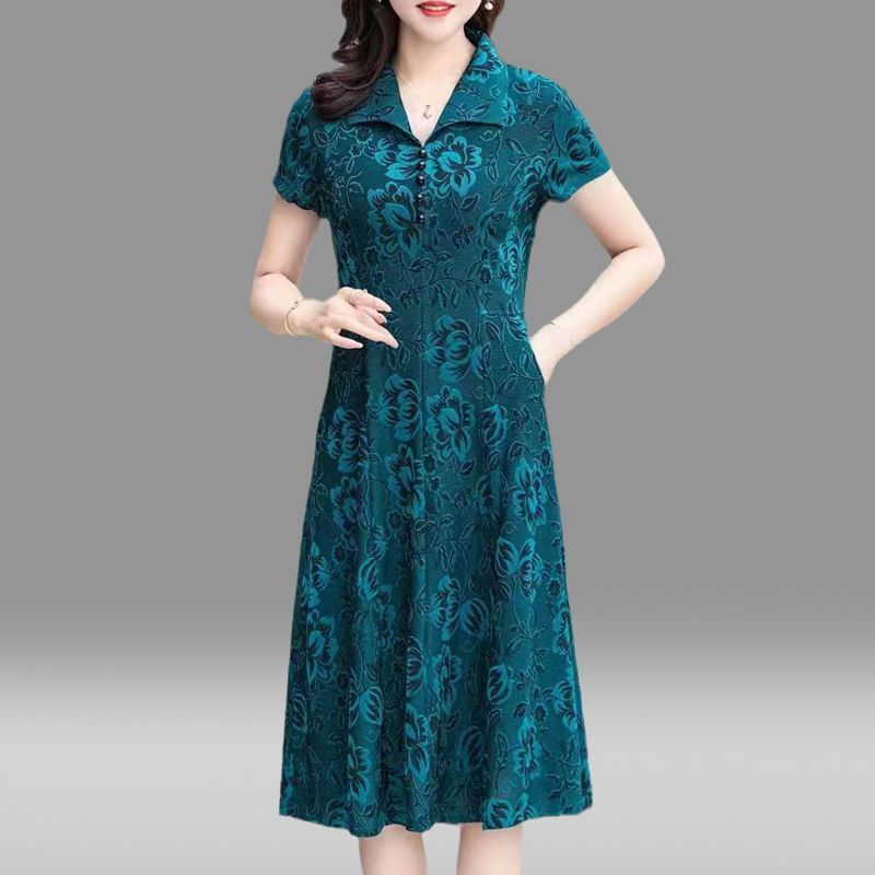 High-end Floral Dress 2023 New Loose Large Size Pocket for Middle-aged and Elderly Mothers Western Style Over-the-Knee Dress for Summer