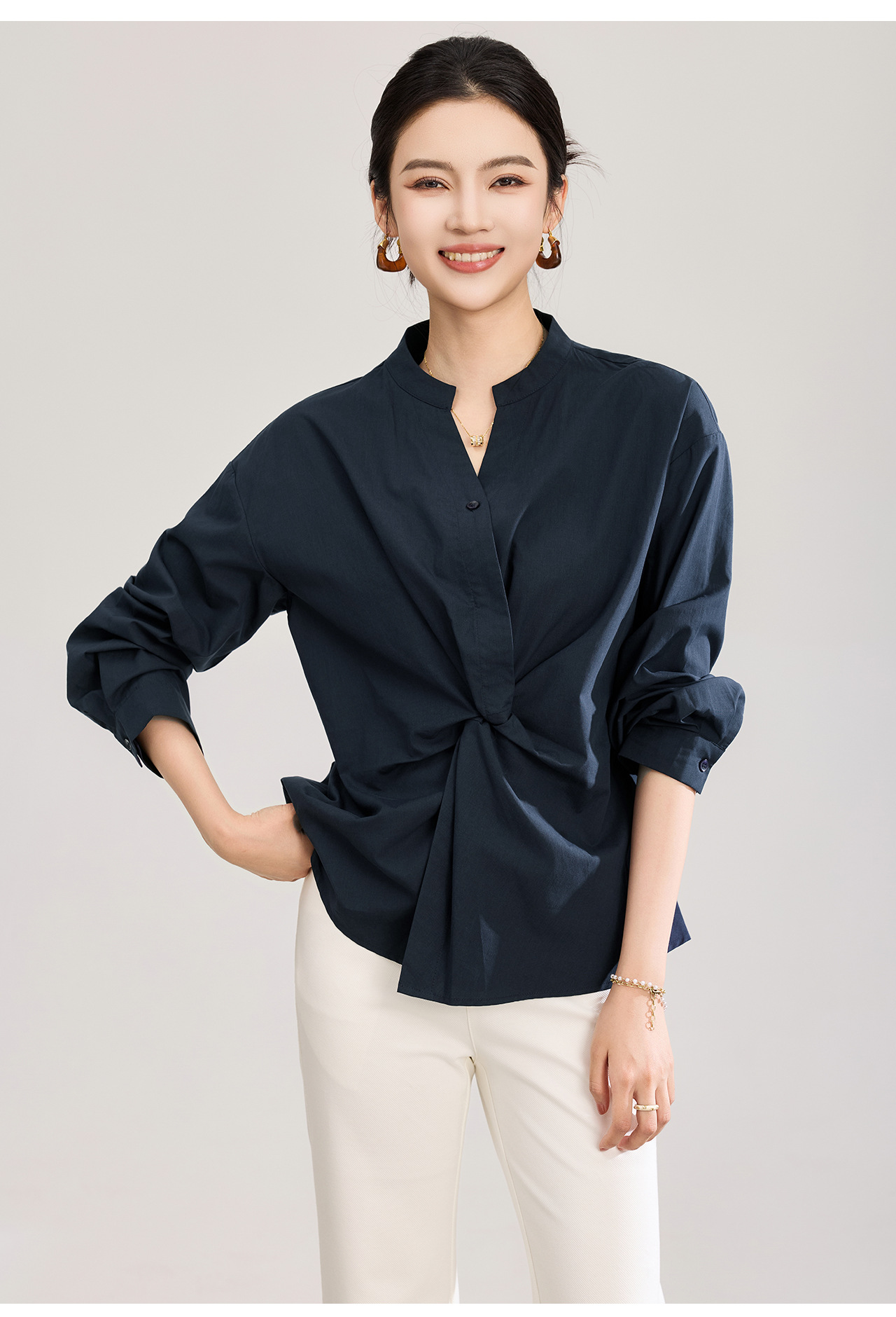 Áo sơ mi nữ dài tay chất lụa tencel phối xoắn thanh lịch — xanh lam chi tiết 14