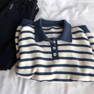 Striped Sweater for Women with a Unique Design, Loose Fit, Japanese Lazy Style, Korean Version Polo Top