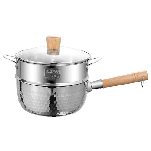 Live streaming assisted frying instant noodle pot with wooden handle, no coating, suitable for baby food, hammered stainless steel Japanese Yukihira pan