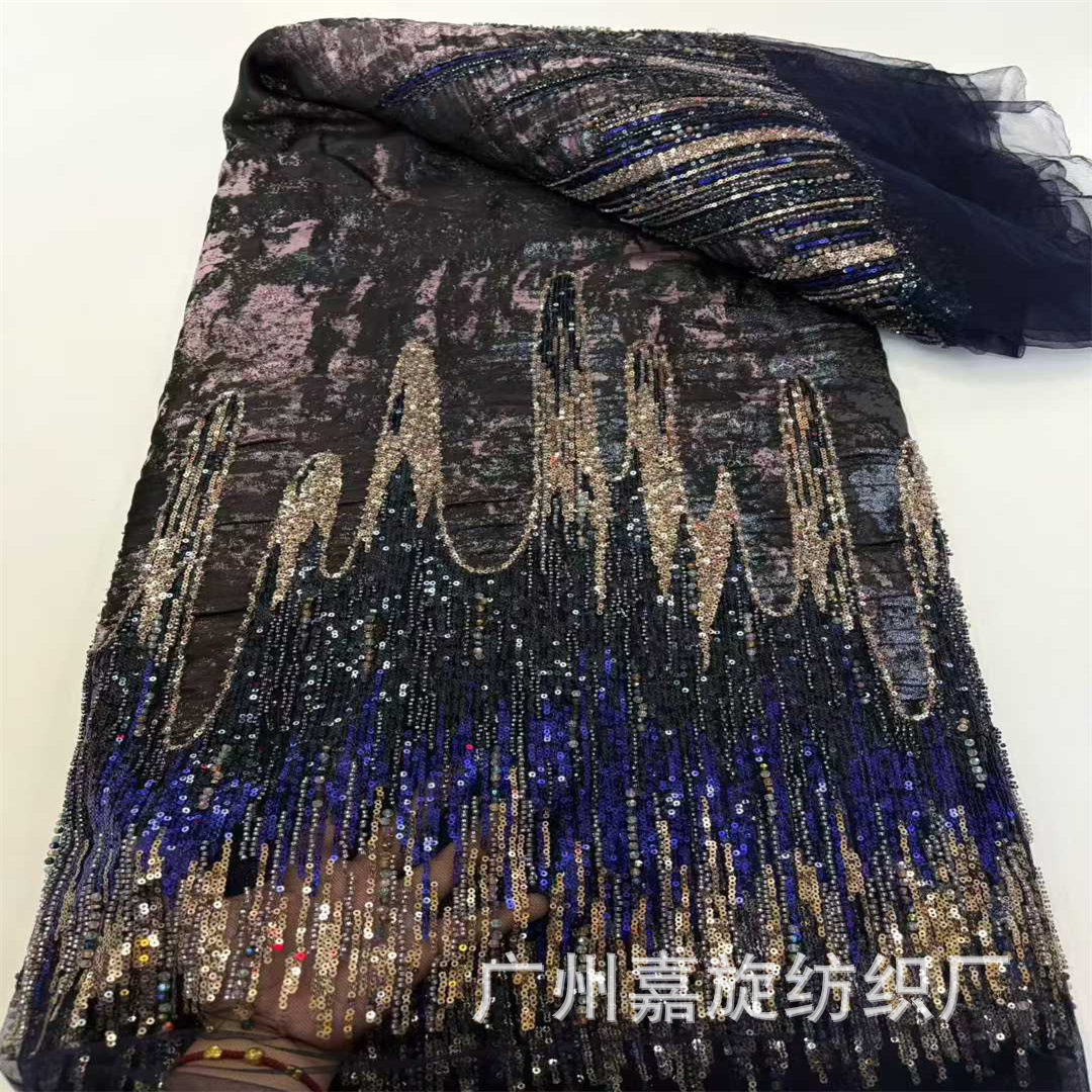 Nuevo gradiente de cuentas bordadas empalmadas tinta fuerte Jacquard tela de encaje vestido de boda europea y americana tela de vestido