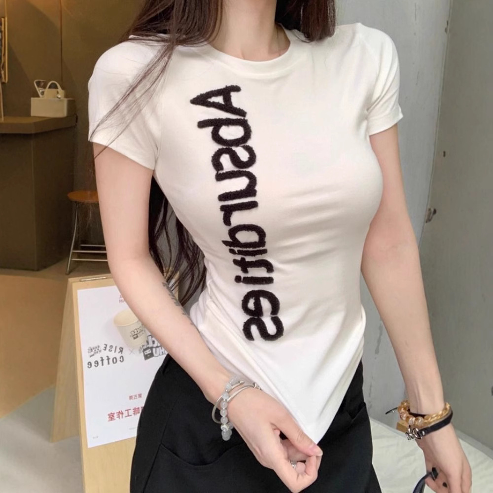 Women's Slim Fit Embroidered Letter T-Shirt - Breathable Polyester Crew Neck Short Sleeve Top, Stylish & Comfortable For Summer_voghion.com